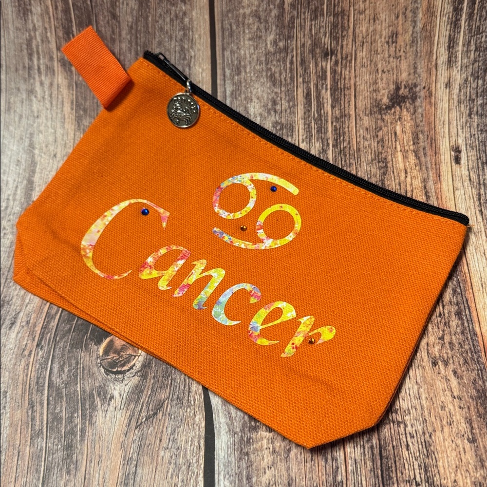 NEW Orange 7”x5” Canvas Zippered Pouch with Cancer Design & Charm Item PHK4844